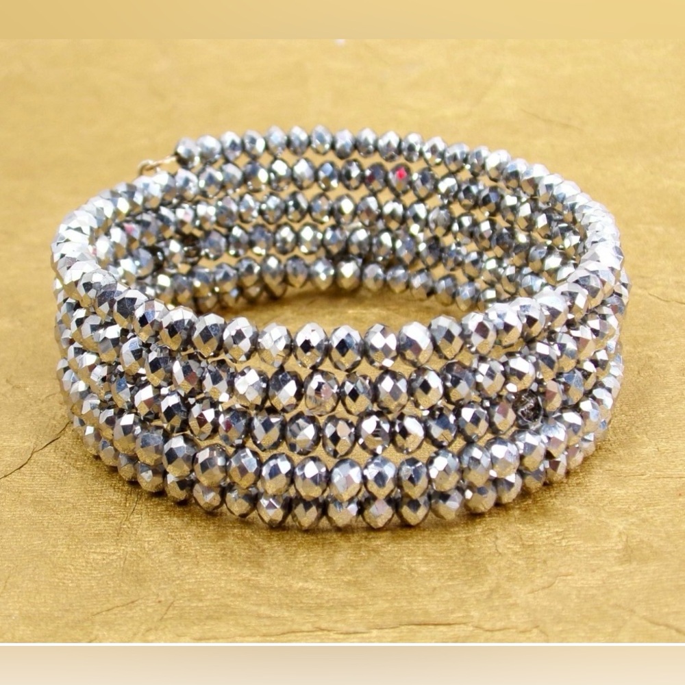 Gray sparkling all glass bead bracelet, coil expandable wrap bracelet New